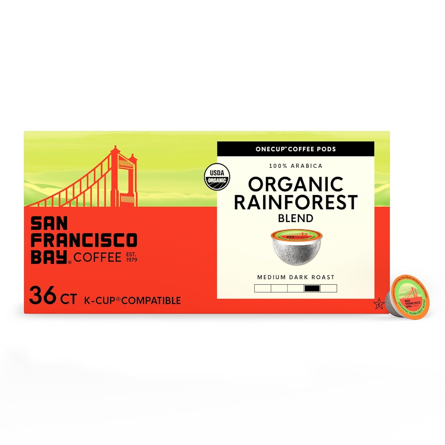 San Francisco Bay K-Cup Coffee Pods, Donut Shop (36 ct), Medium-Light Roast, Commercially Compostable Single-Serve Coffee Pods(Organic Rainforest Blend)