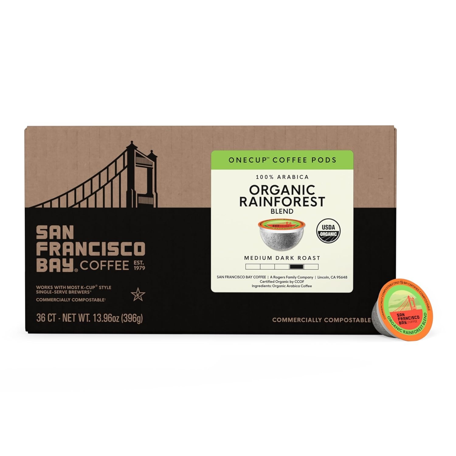 San Francisco Bay K-Cup Coffee Pods, Donut Shop (36 ct), Medium-Light Roast, Commercially Compostable Single-Serve Coffee Pods(Organic Rainforest Blend)