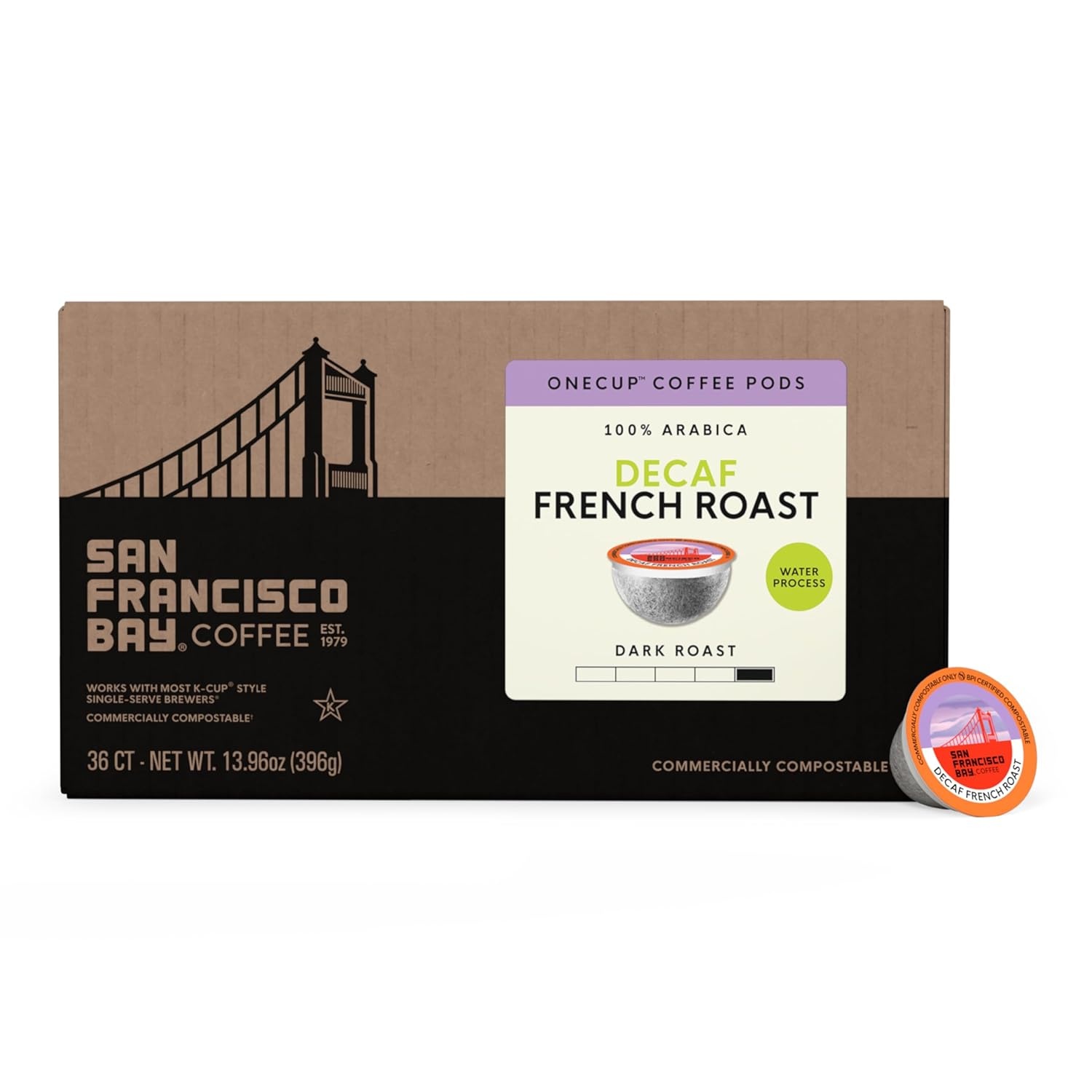 San Francisco Bay Decaf K-Cup Coffee Pods, Decaf French Roast (36 ct), Dark Roast, Commercially Compostable Single-Serve Coffee Pods, Swiss Water Process(1 Count (Pack of 36))