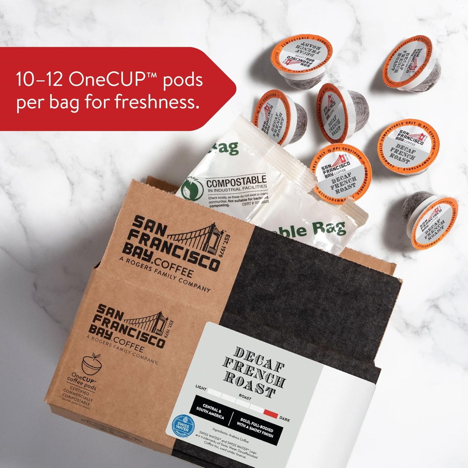 San Francisco Bay Decaf K-Cup Coffee Pods, Decaf French Roast (36 ct), Dark Roast, Commercially Compostable Single-Serve Coffee Pods, Swiss Water Process(1 Count (Pack of 72))