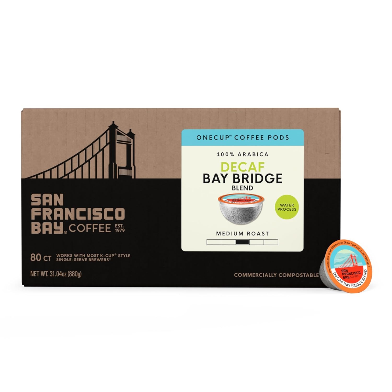 San Francisco Bay Decaf K-Cup Coffee Pods, Decaf Bay Bridge Blend (80 ct), Medium Roast, Commercially Compostable Single-Serve Coffee Pods, Swiss Water Process