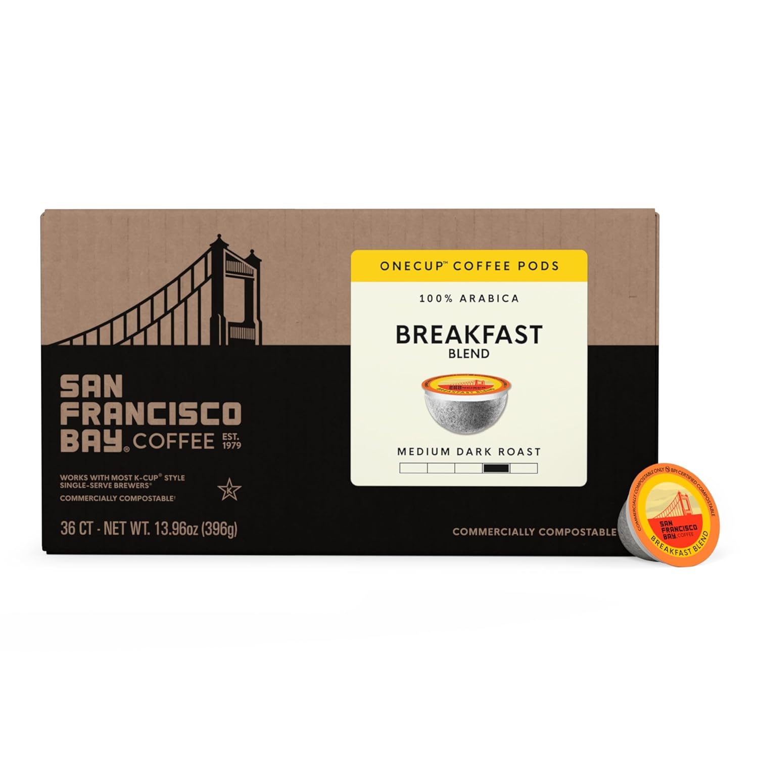San Francisco Bay K-Cup Coffee Pods, Donut Shop (36 ct), Medium-Light Roast, Commercially Compostable Single-Serve Coffee Pods(Breakfast Blend)